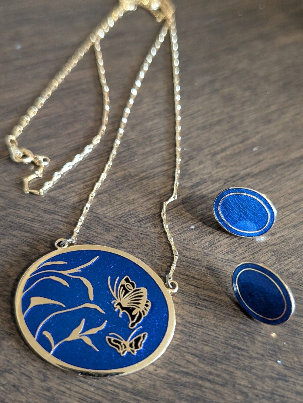Signed Rivest Canada Gold Tone Cobalt Blue Nature Motif Jewelry Set